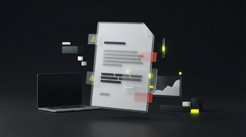 Ddocument 3D flottant, design minimaliste et premium (surface mate ou verre dépoli), représentant un devis abstrait sans aucun texte lisible.