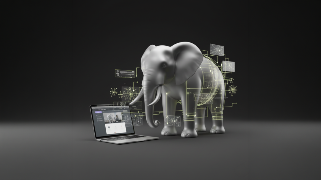 Éléphant 3D stylisé, design moderne et épuré (surface lisse, matière mate ou légèrement métallisée), posture calme et imposante. L’éléphant est partiellement composé de structures digitales : lignes lumineuses, maillage géométrique subtil, circuits abstraits intégrés dans la matière.