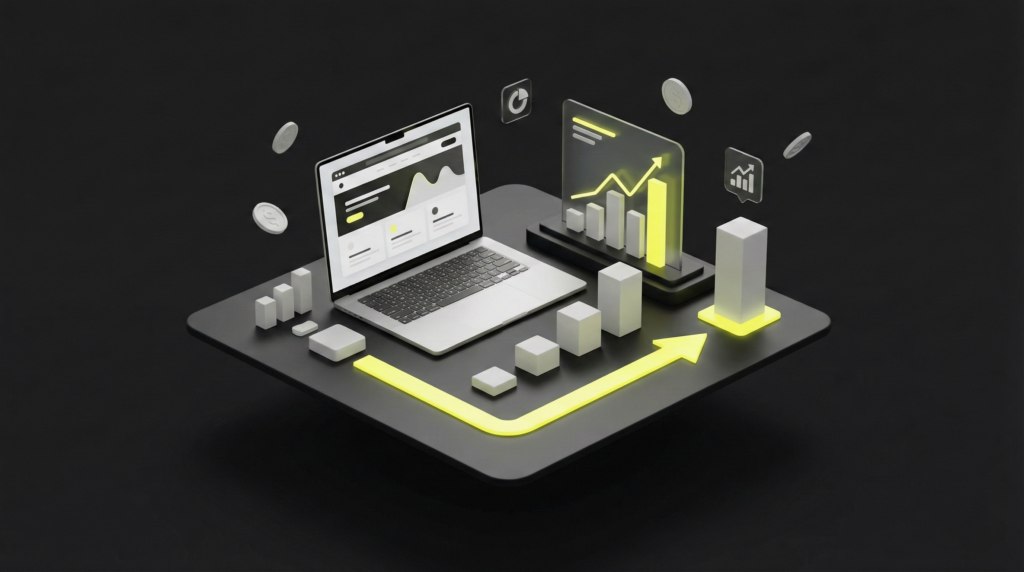 Une scène 3D symbolisant la prise de décision stratégique. Un bureau minimaliste ou surface flottante en matériau mat premium.
